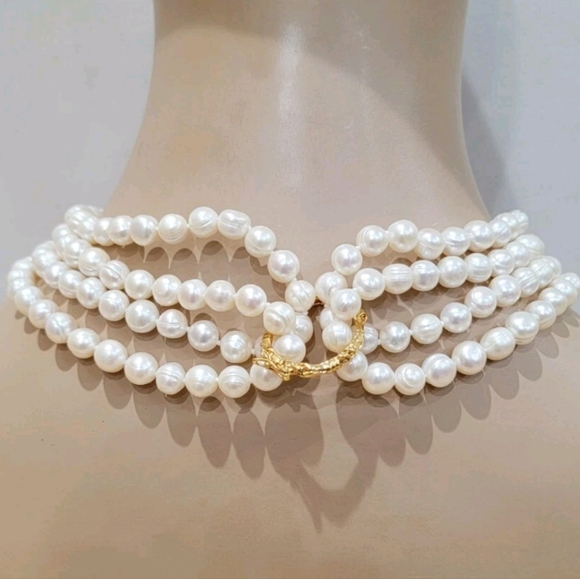 Freshwater Pearl Collar Necklace Yellow Gold 4 Strand 20'' - Picture 4 of 8
